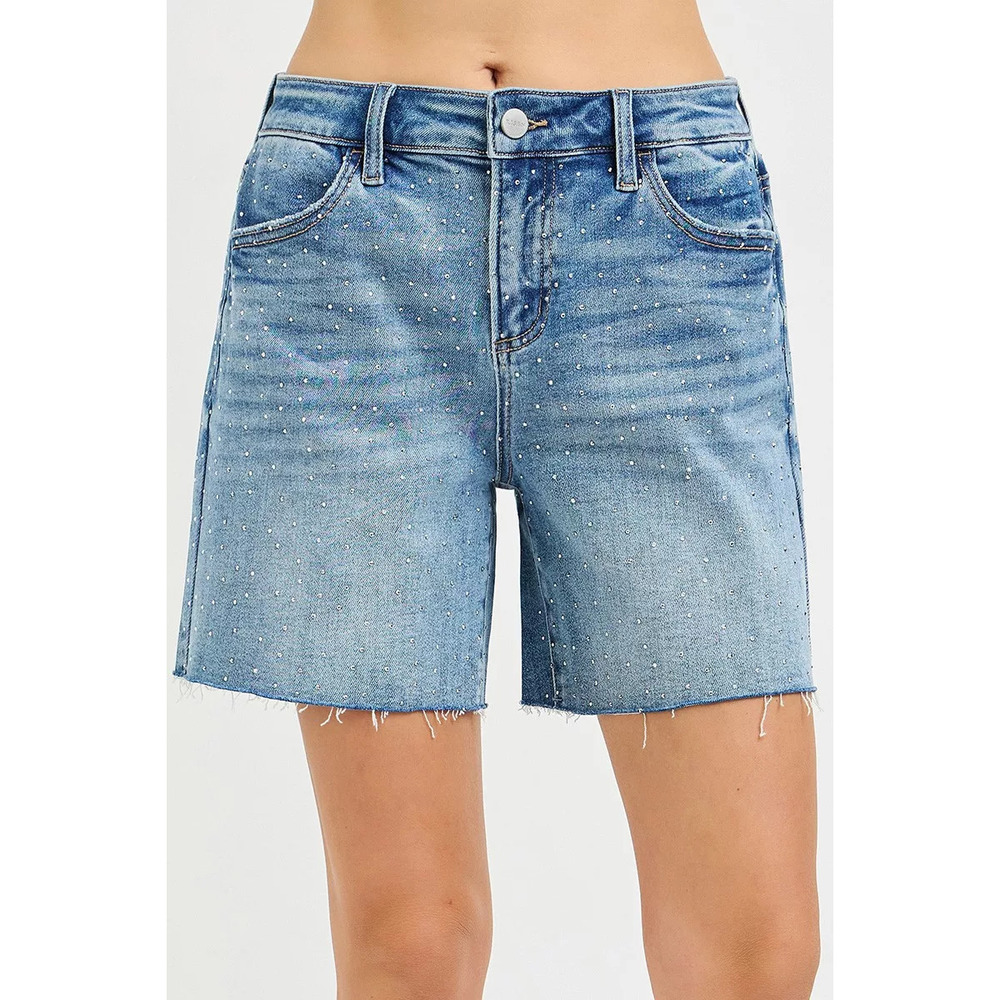 RISEN Slouchy Mid Length All Over Rhinestones Shorts
